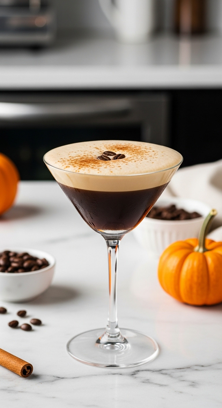 Pumpkin Spice Espresso Martini In A Martini Glass With Foam Coffee Beans And Spice On A Marble Countertop