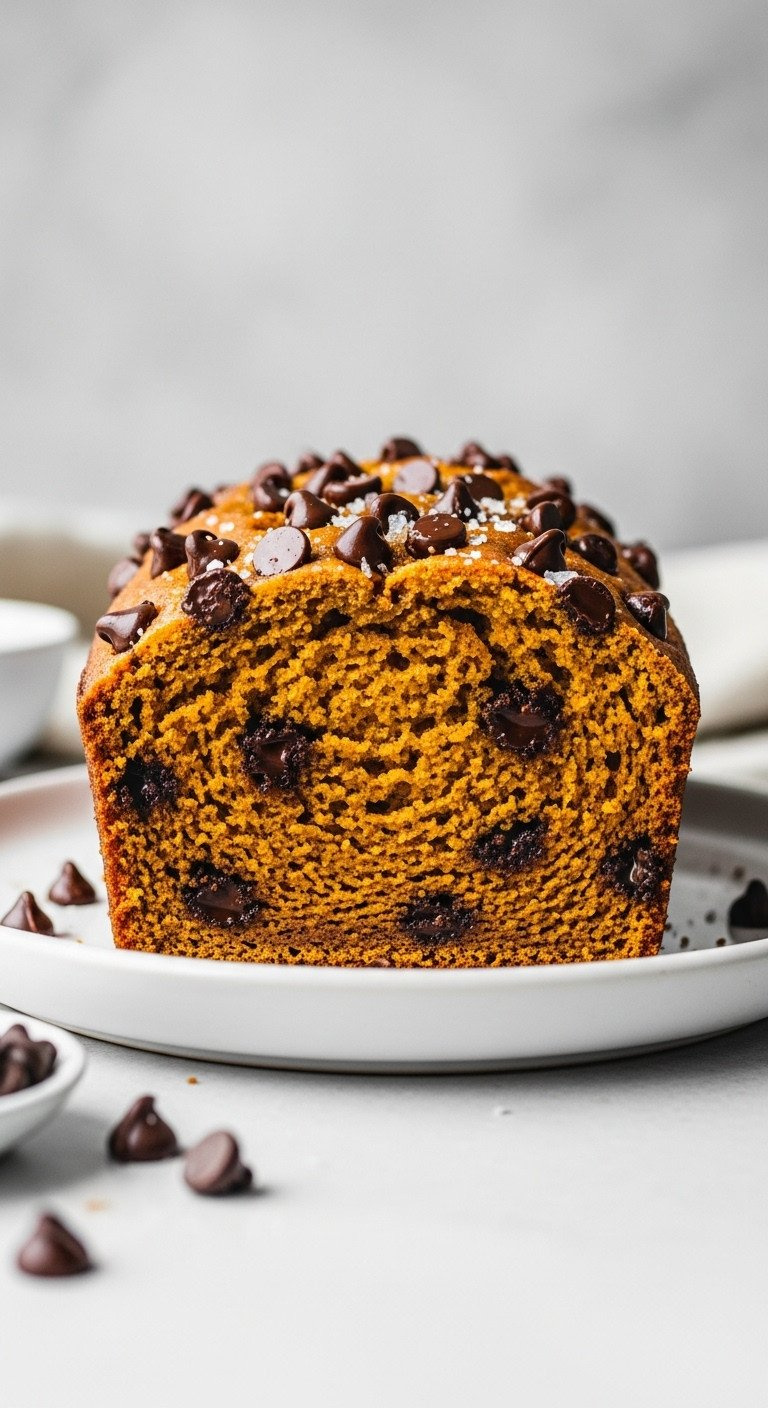 Pumpkin Bread Slice With Melted Chocolate Chips In Moist Orange Crumb On White Plate. Delicious Fall Treat.