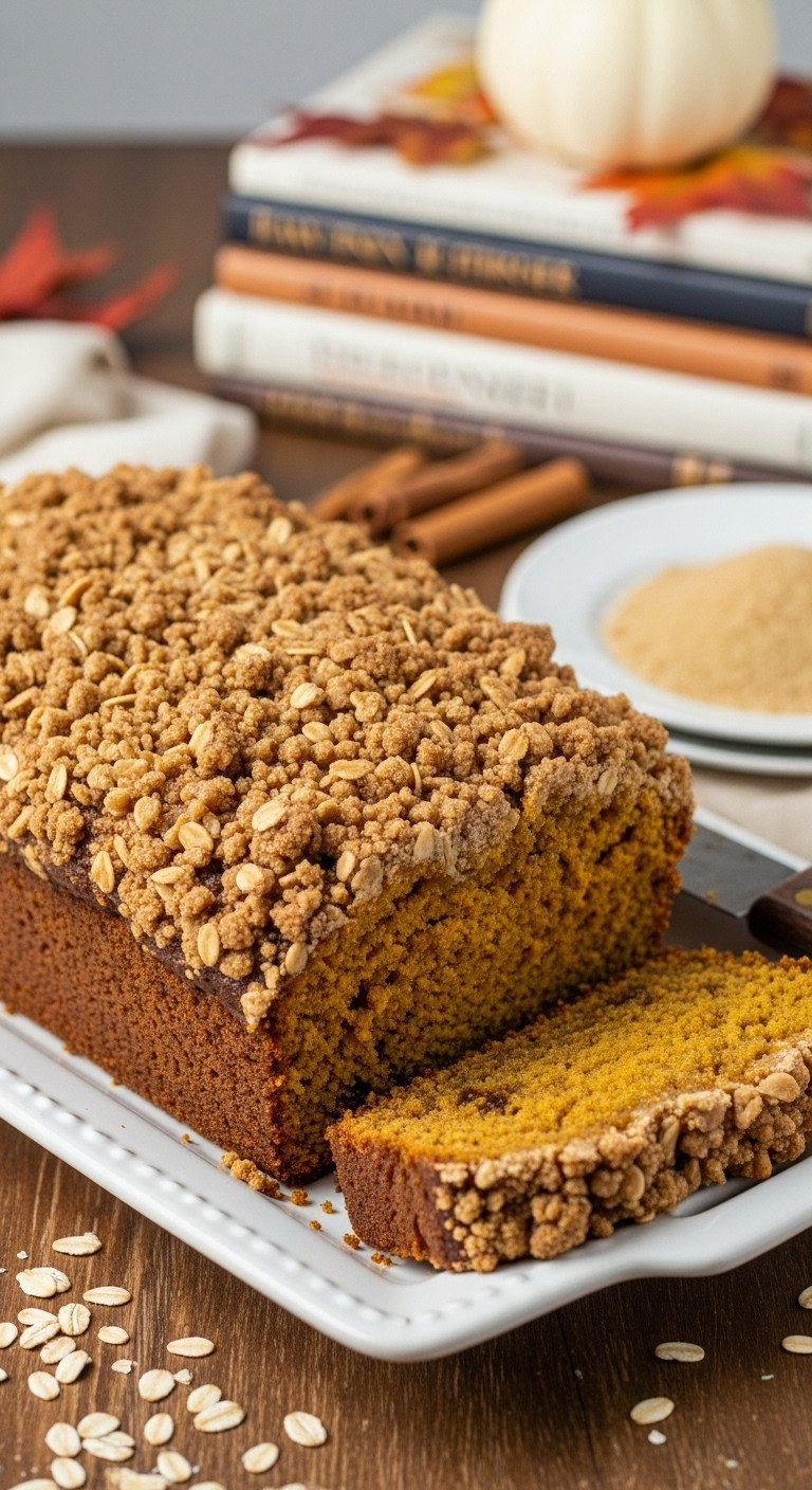 Pumpkin Bread With Golden Streusel Topping (Brown Sugar, Oats) On A White Platter, Knife. Rustic Fall Baking.