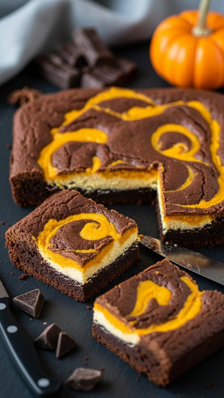 Pumpkin Cheesecake Swirl Brownie Slice On Dark Slate