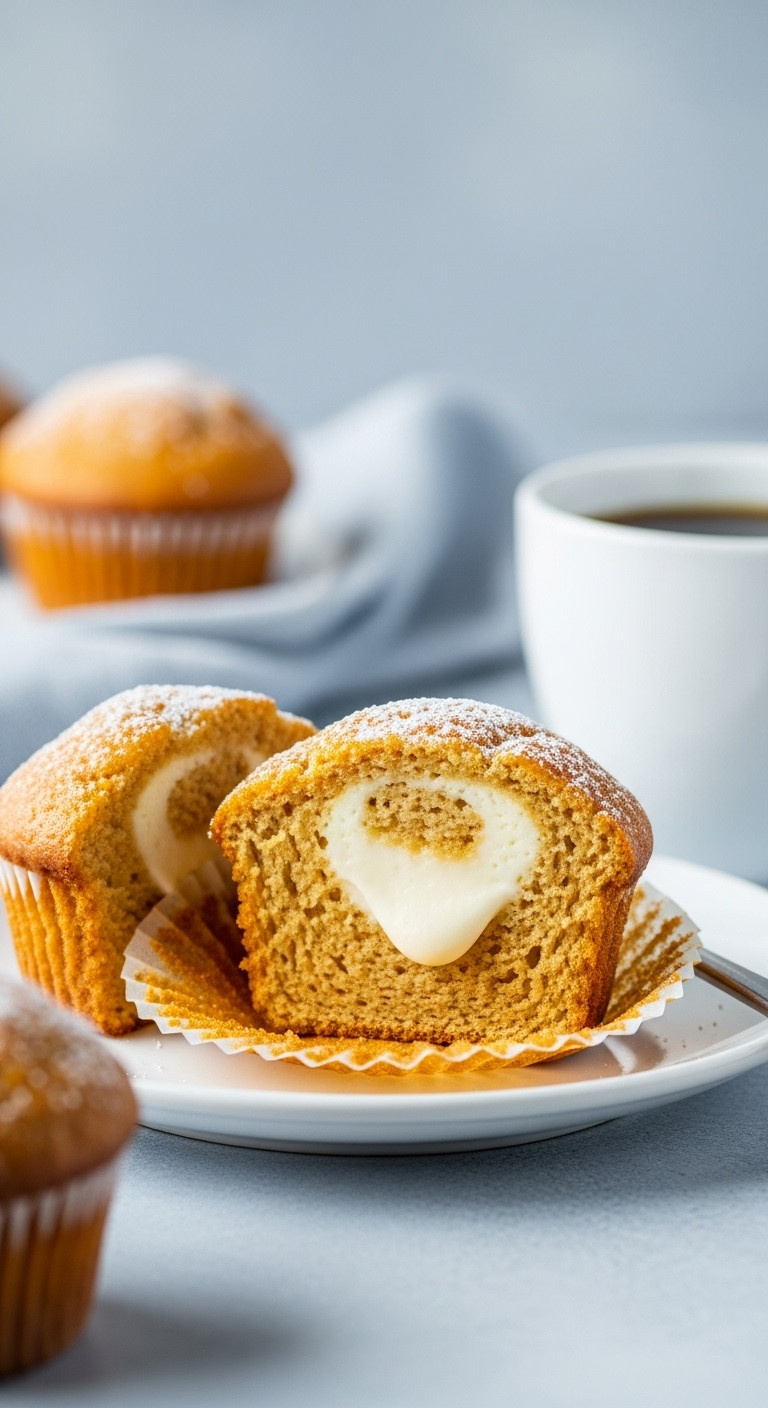 Pumpkin Cream Cheese Muffin Sliced In Half On A White Plate With Coffee And Linen Napkin