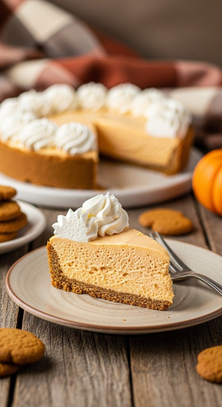 Pumpkin Cream Pie Slice: Pale Orange Filling, Gingersnap Crust, Whipped Cream. Rustic Plate. Cozy Fall Dessert.