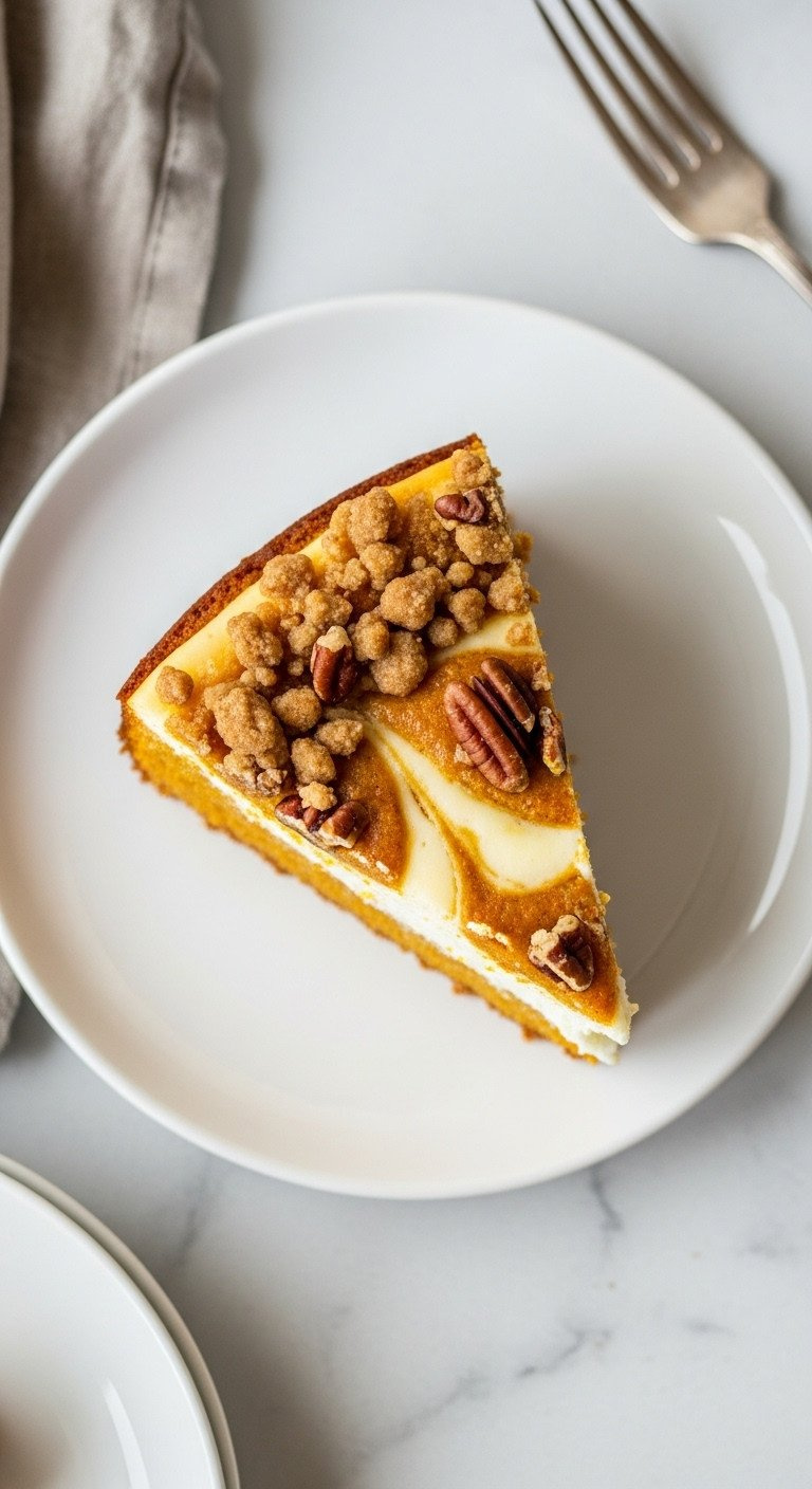 Pumpkin Dump Cake Slice With Cheesecake Swirl, Golden Pecan Topping, White Plate. Flat Lay On Light Marble, Linen Napkin, Vintage Fork.