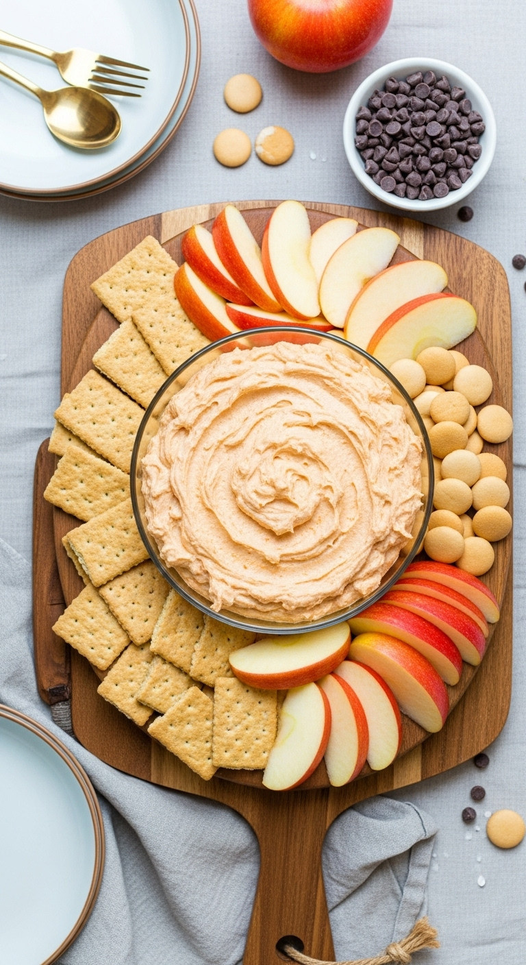 Pumpkin Fluff Dip With Graham Crackers And Apple Slices On A Wooden Serving Board