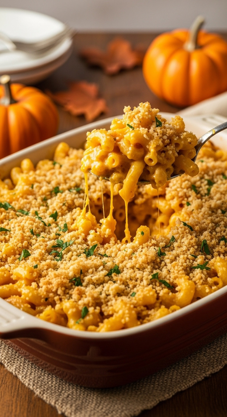 Pumpkin Mac And Cheese With Toasted Breadcrumbs In A Rustic Baking Dish With A Serving Spoon For A Halloween Crowd