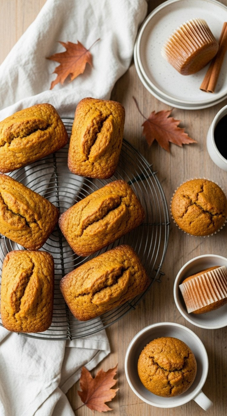 Pumpkin Mini Loaves And Muffins, Golden-Brown, On Rustic Cooling Rack With Coffee. Cozy Autumn Dessert.