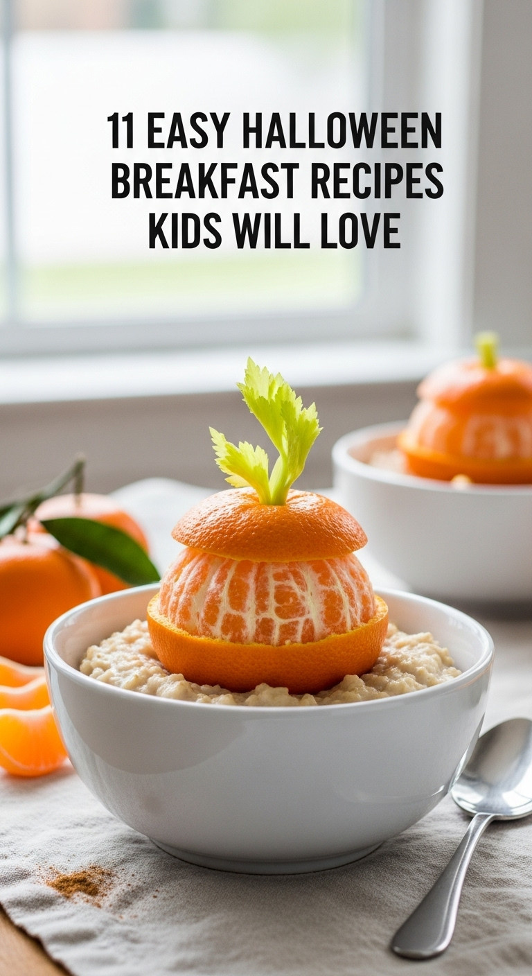 Pumpkin Patch Clementine Oatmeal In A White Bowl For A Healthy Halloween Breakfast