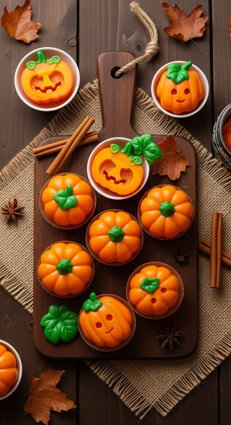 Pumpkin Patch Jello Shots In Mini Pumpkin Molds On A Rustic Wooden Board With Cinnamon Sticks And Fall Leaves Perfect For Recipes
