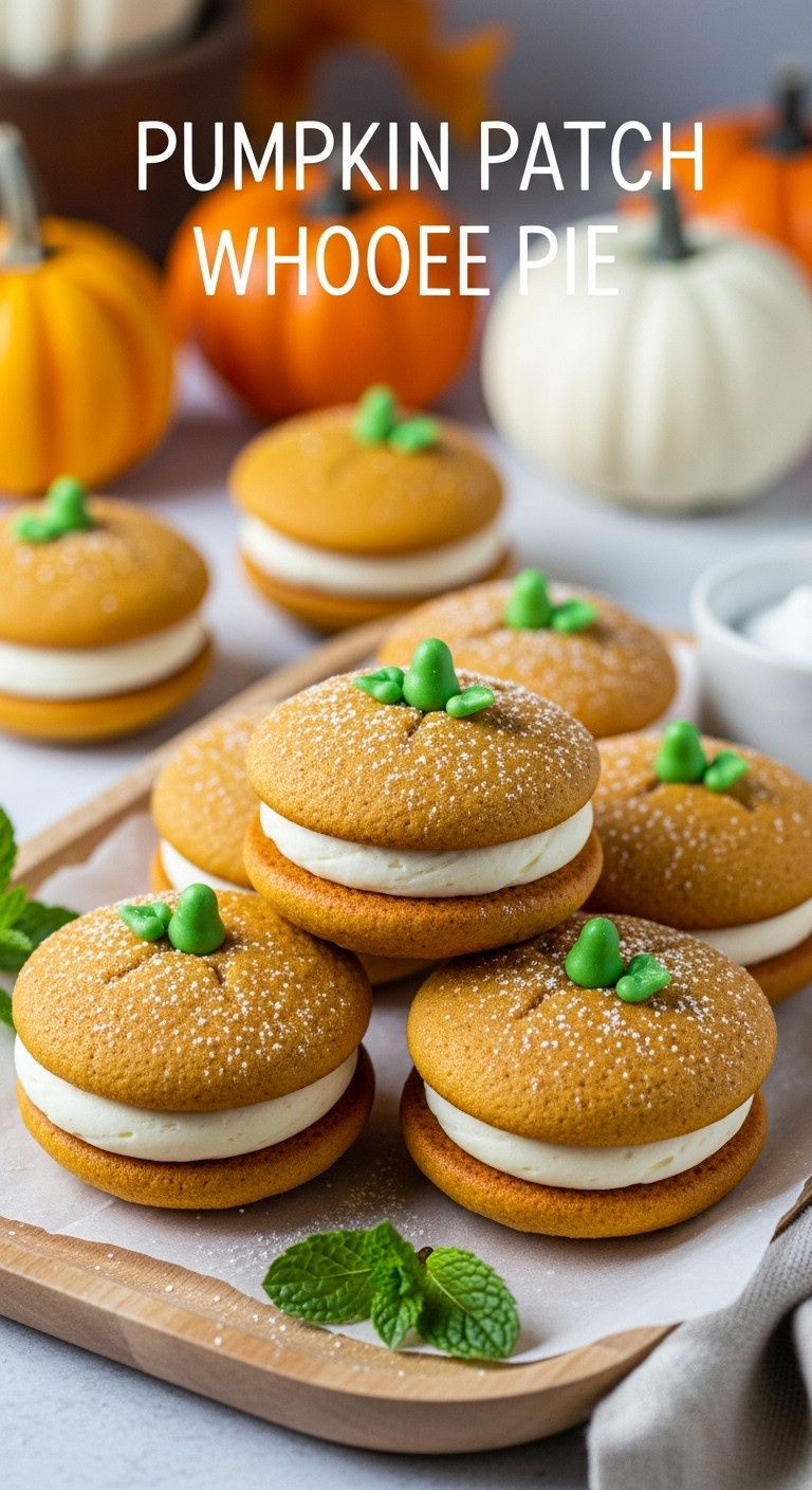 Pumpkin Patch Whoopie Pies With Creamy Filling, Green Stems, Powdered Sugar, Light Wooden Tray, Autumnal Decor.