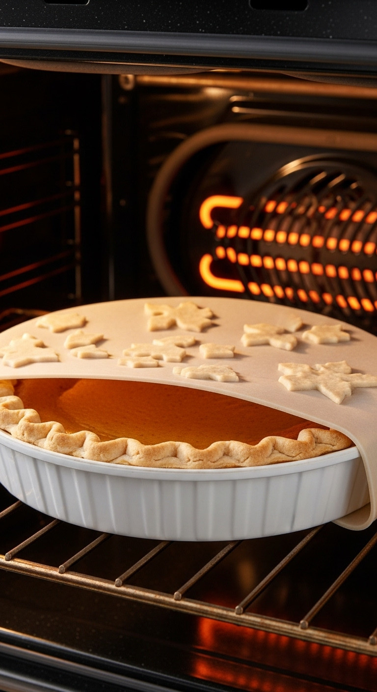Pumpkin Pie Baking In The Oven With A Silicone Pie Shield Protecting Its Ornate Crust, Glowing Heating Element Visible.