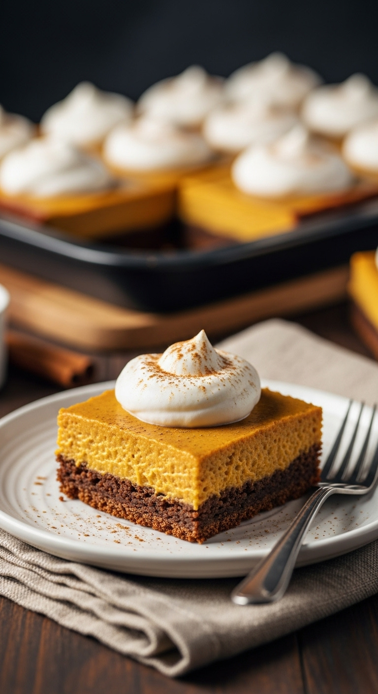 Pumpkin Pie Bar With Gingersnap Crust And Whipped Cream On A White Plate With Cinnamon And A Fork In A Cozy Indulgent Setting
