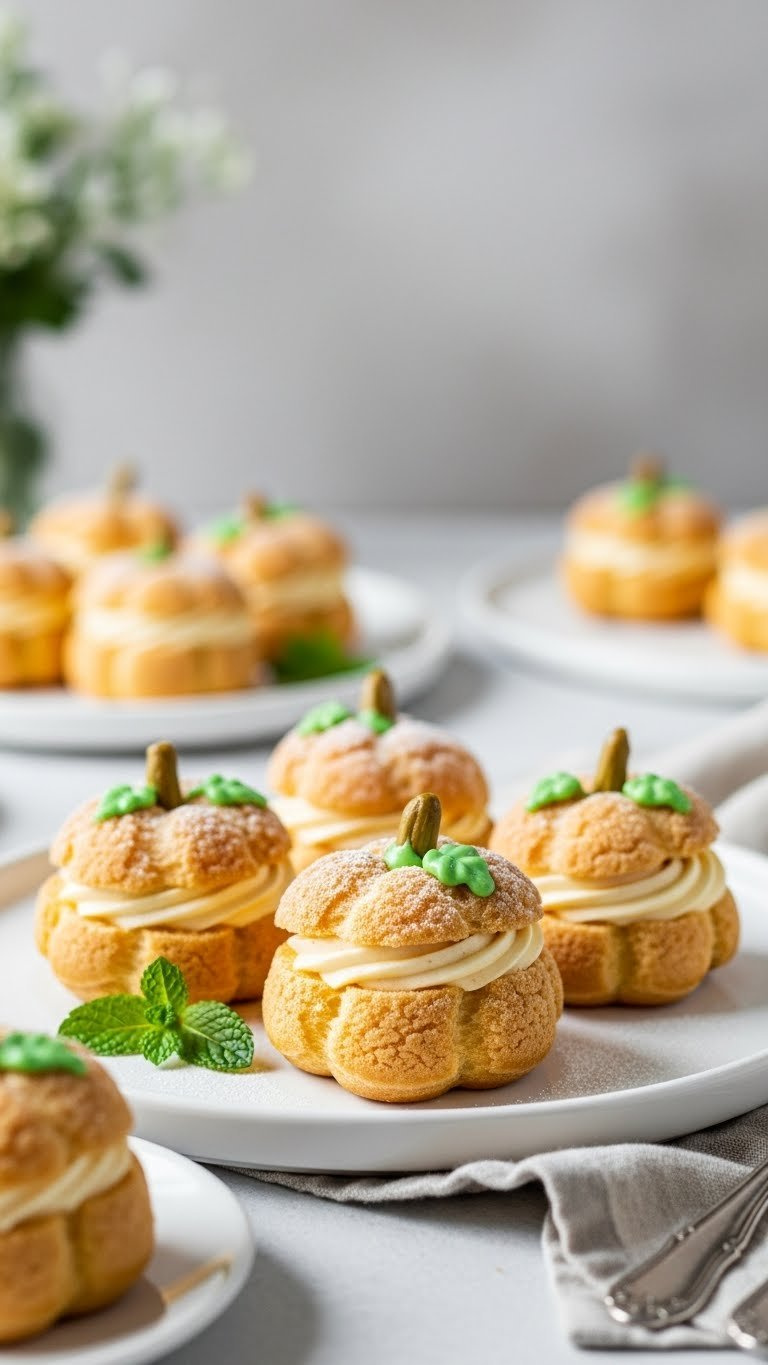 Pumpkin-Shaped Cream Puffs With Green Stems On White Ceramic Platter