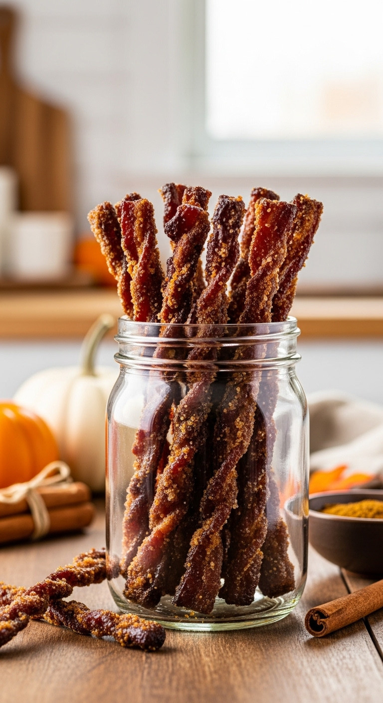 Pumpkin Spice Candied Bacon Stix In A Glass Jar On A Rustic Table With Fall Decor