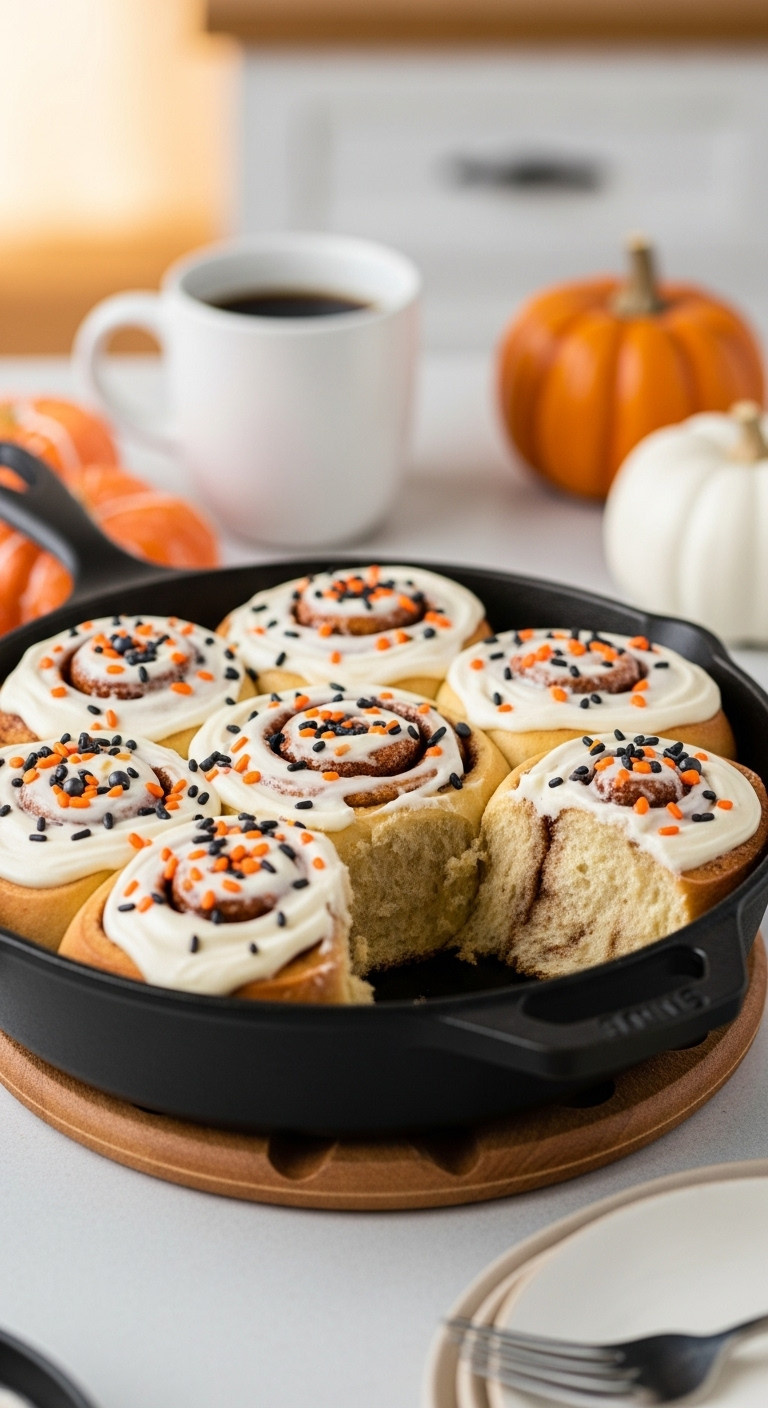 Pumpkin Spice Cinnamon Rolls With Frosting And Sprinkles In A Cast Iron Skillet For A Cozy Halloween Breakfast