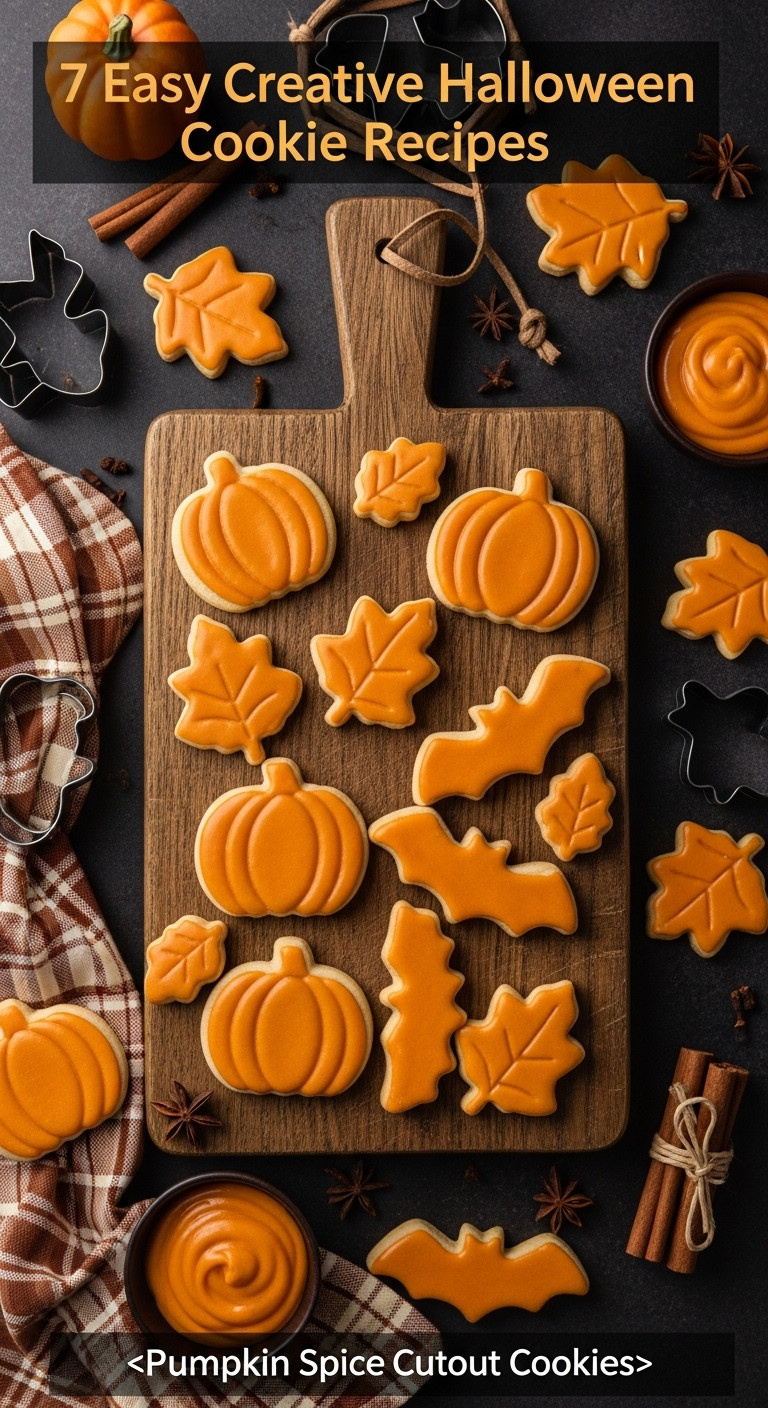 Pumpkin Spice Cutout Cookies Shaped Like Pumpkins Bats And Leaves With Warm Orange Glaze On A Rustic Wooden Board With Autumn Decor