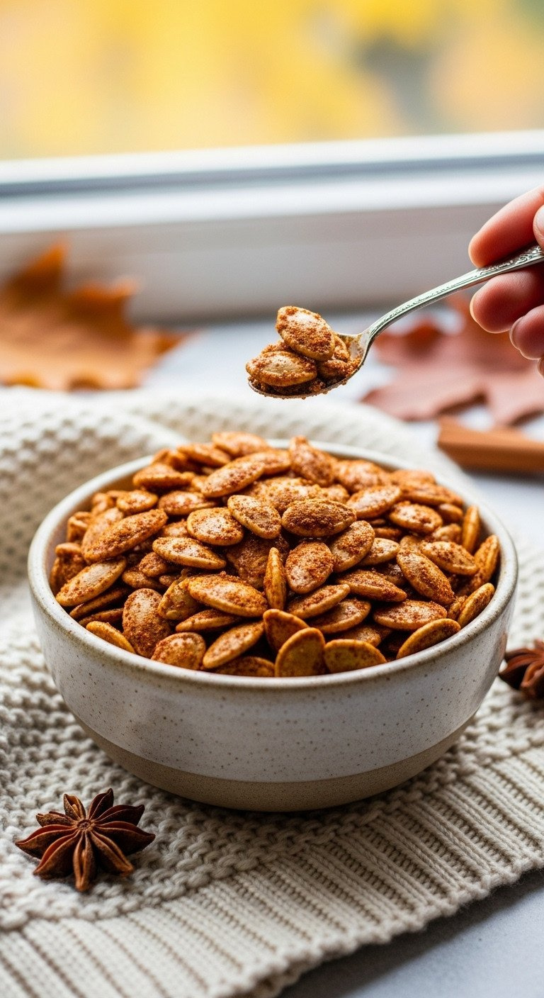 Pumpkin Spice Roasted Pumpkin Seeds In A Cream Stoneware Bowl On A Knit Sweater, With A Star Anise Pod.