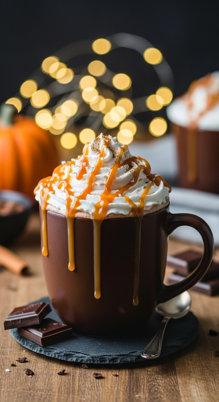 Pumpkin Spice Salted Caramel Hot Chocolate With Whipped Cream And Chocolate Squares