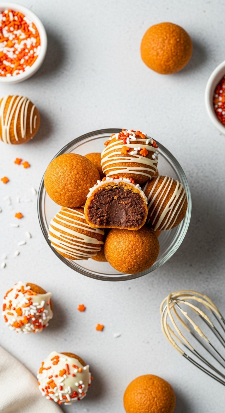 Pumpkin Spice Truffles In A Glass Bowl Some With Sprinkles And White Chocolate A Cut Truffle Revealing Fudgy Interior