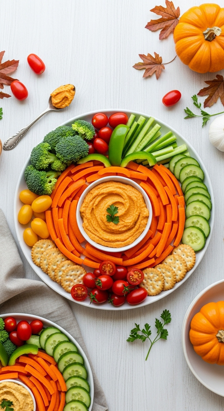 Pumpkin Veggie Tray: Carrots, Bell Peppers, Hummus, And Fresh Vegetables On A White Platter For A Healthy Halloween Party.