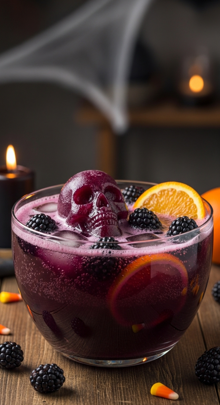 Purple Grape And Fruit Punch With A Skull Ice Cube Blackberries And Orange Slice On A Rustic Table With A Candle
