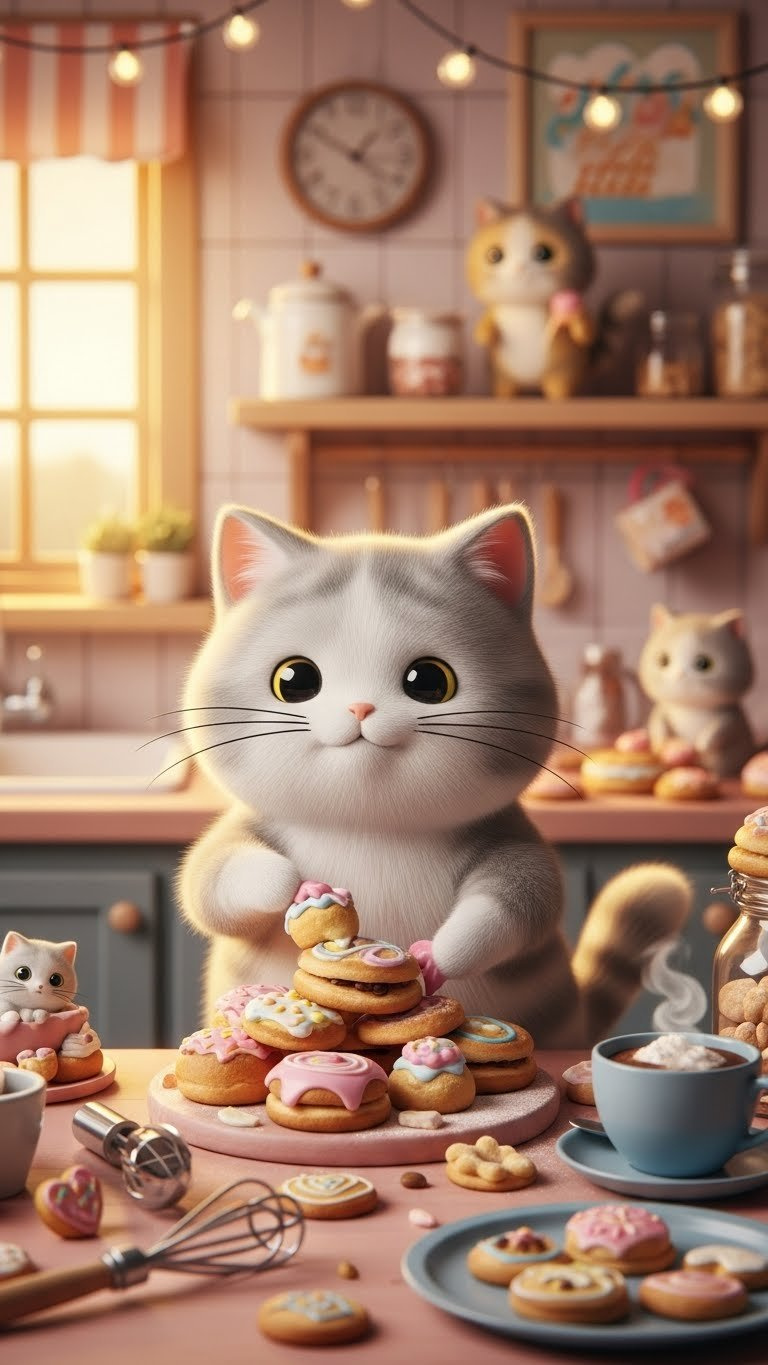 Pusheen The Cat Baking Pastries On Pink Countertop With Whimsical Baking Tools In Cozy Bakery