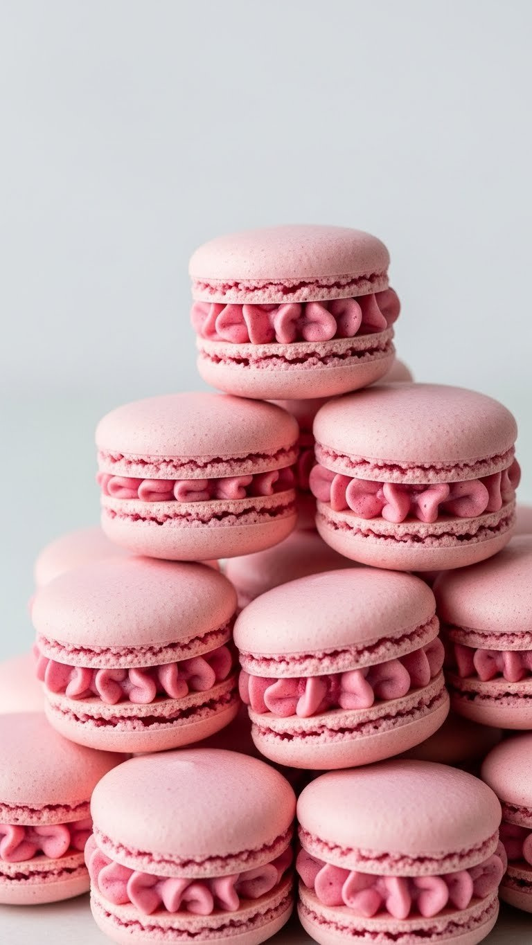 Pyramid Of Delicate Pink Raspberry Rose Macarons With Ruffled Edges On Elegant Serving Tray