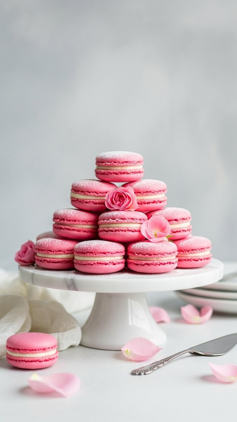 Pyramid Of Pink Macarons With Powdered Sugar On White Marble Cake Stand With Soft Natural Lighting