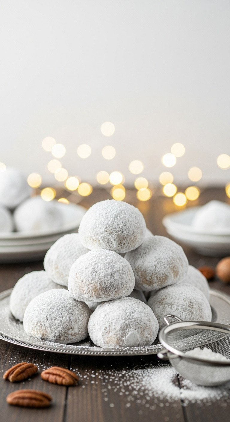 Pyramid Stack Of Russian Tea Cakes (Snowball Cookies) Coated In Powdered Sugar On A Silver Platter, Dark Wood Table, Pecans.