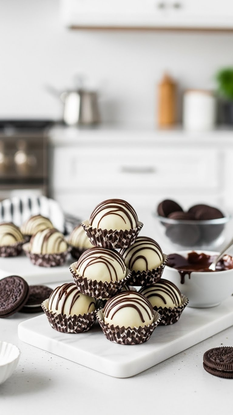 Pyramid Stack Of Five Oreo Truffles Coated In White Chocolate With Dark Chocolate Drizzle In Decorative Paper Liners