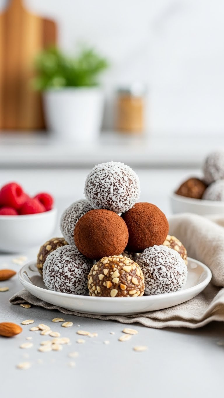 Pyramid Stack Of No-Bake Protein Balls With Coconut And Cocoa Coatings On Minimalist White Serving Dish