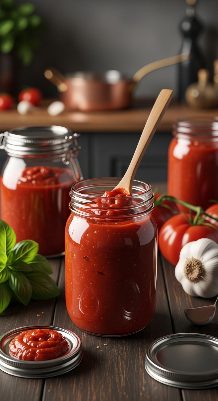 Quart Jars Of Rich Red Tomato Sauce With A Wooden Spoon And Fresh Basil On A Rustic Wooden Table In A Kitchen