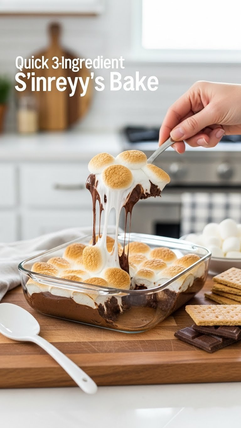 Quick 3-Ingredient S'mores Bake: Gooey Melted Chocolate And Bubbling Marshmallows In Glass Dish With Graham Crackers.