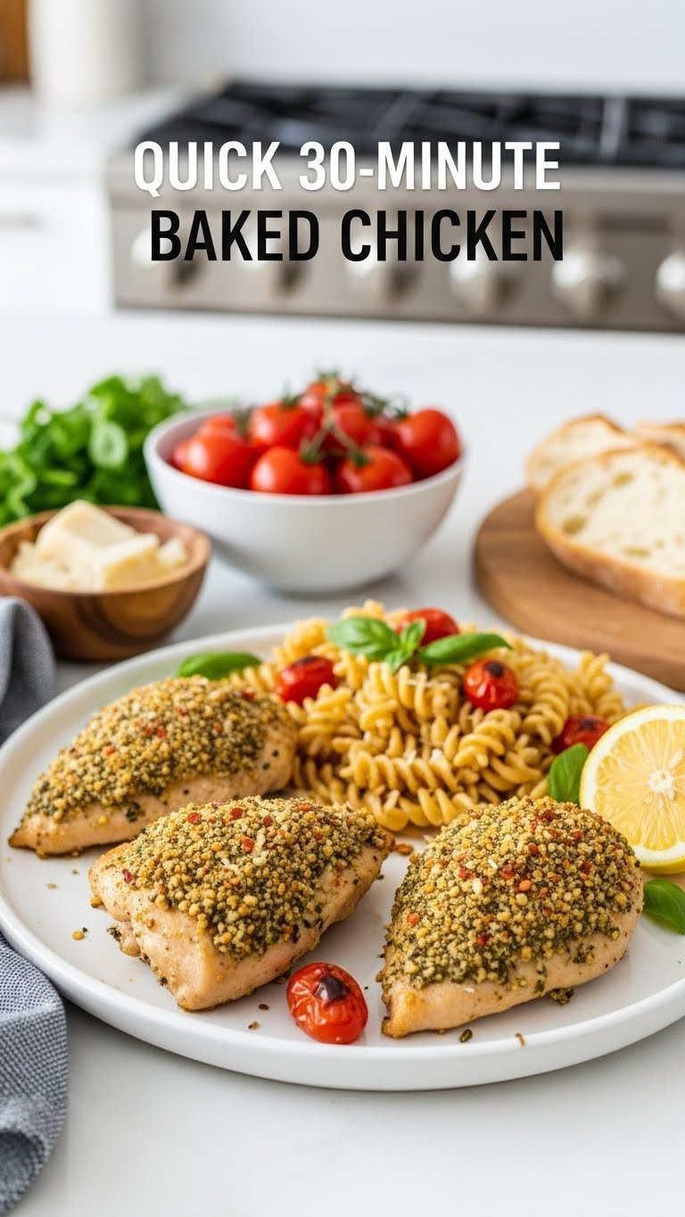 Quick 30-Minute Italian Baked Chicken With Herb Crust And Roasted Tomatoes On White Serving Platter With Parmesan Garnish.