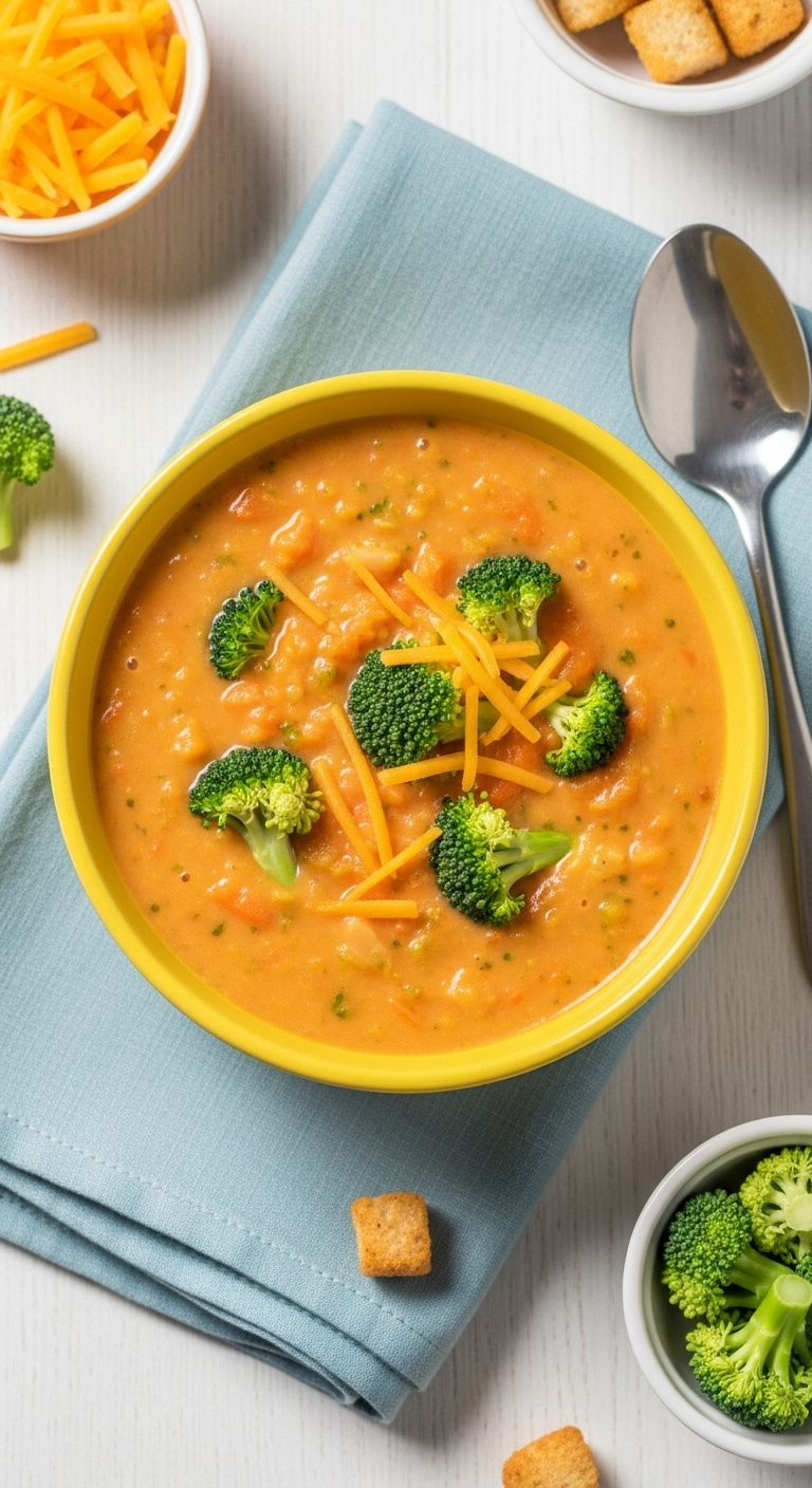 Quick Broccoli Cheddar Soup With Broccoli Florets And Carrots In Yellow Bowl On Light Blue Linen Napkin