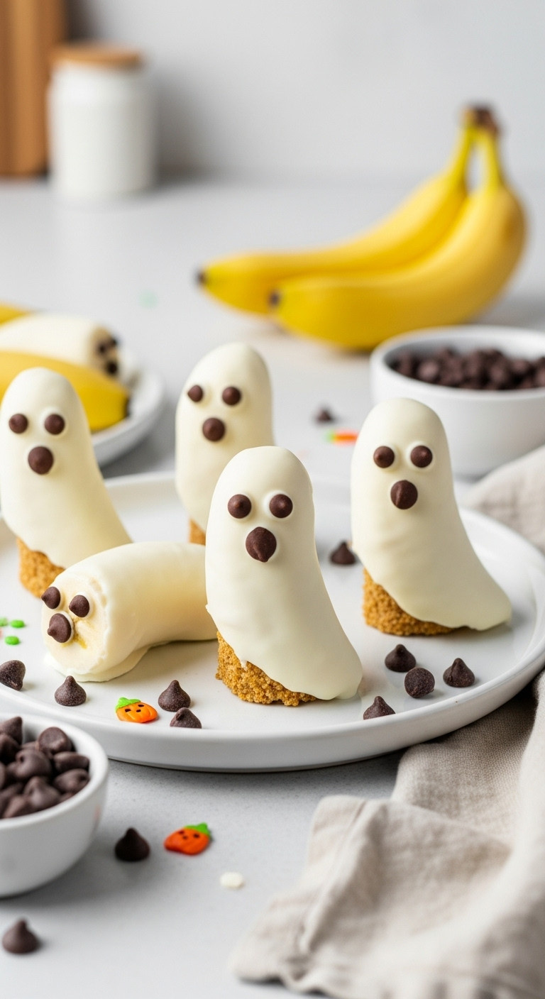 Quick Halloween Ghost Bananas: White Chocolate Dipped, Chocolate Chip Eyes &Amp; Mouth, On A White Plate With Sprinkles.