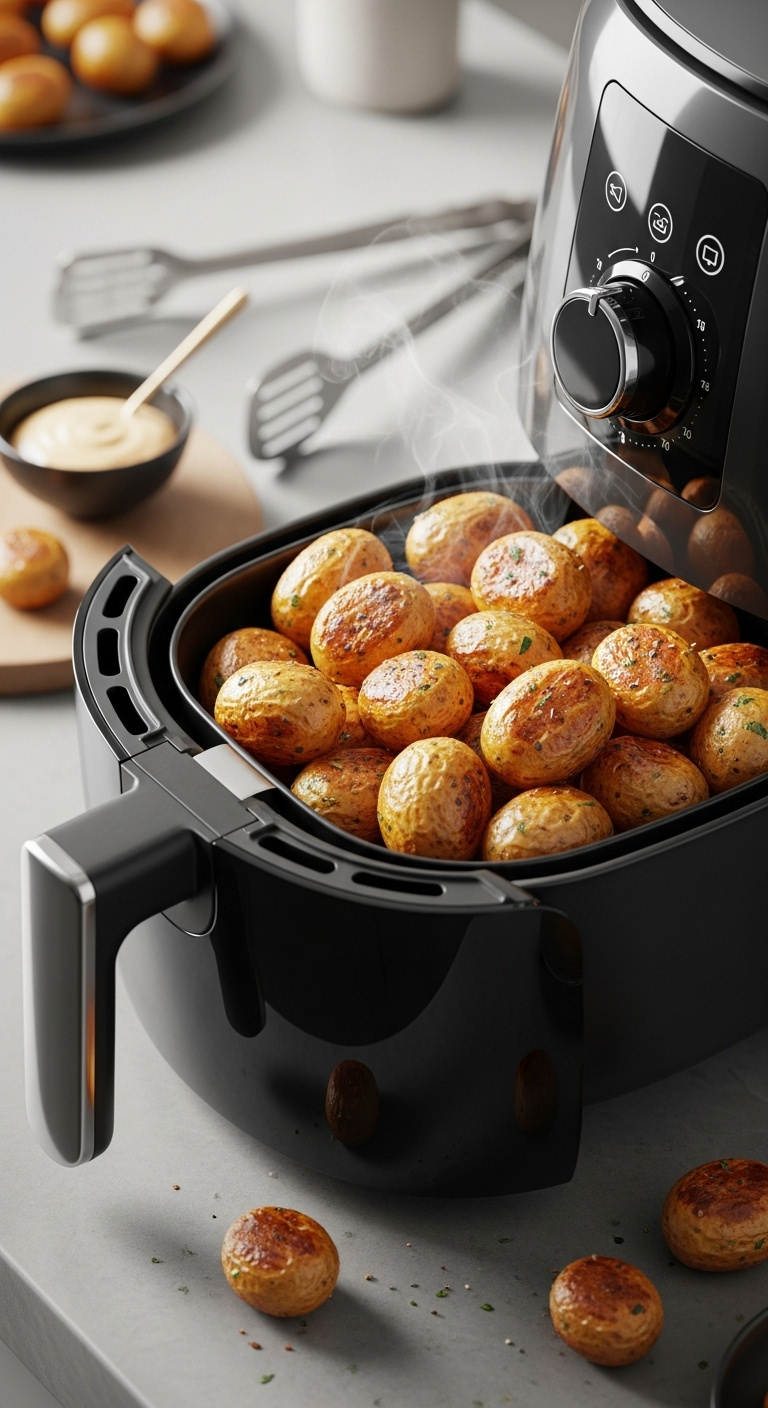 Quick And Crispy Air Fryer Baby Potatoes In An Air Fryer Basket With Subtle Steam Rising