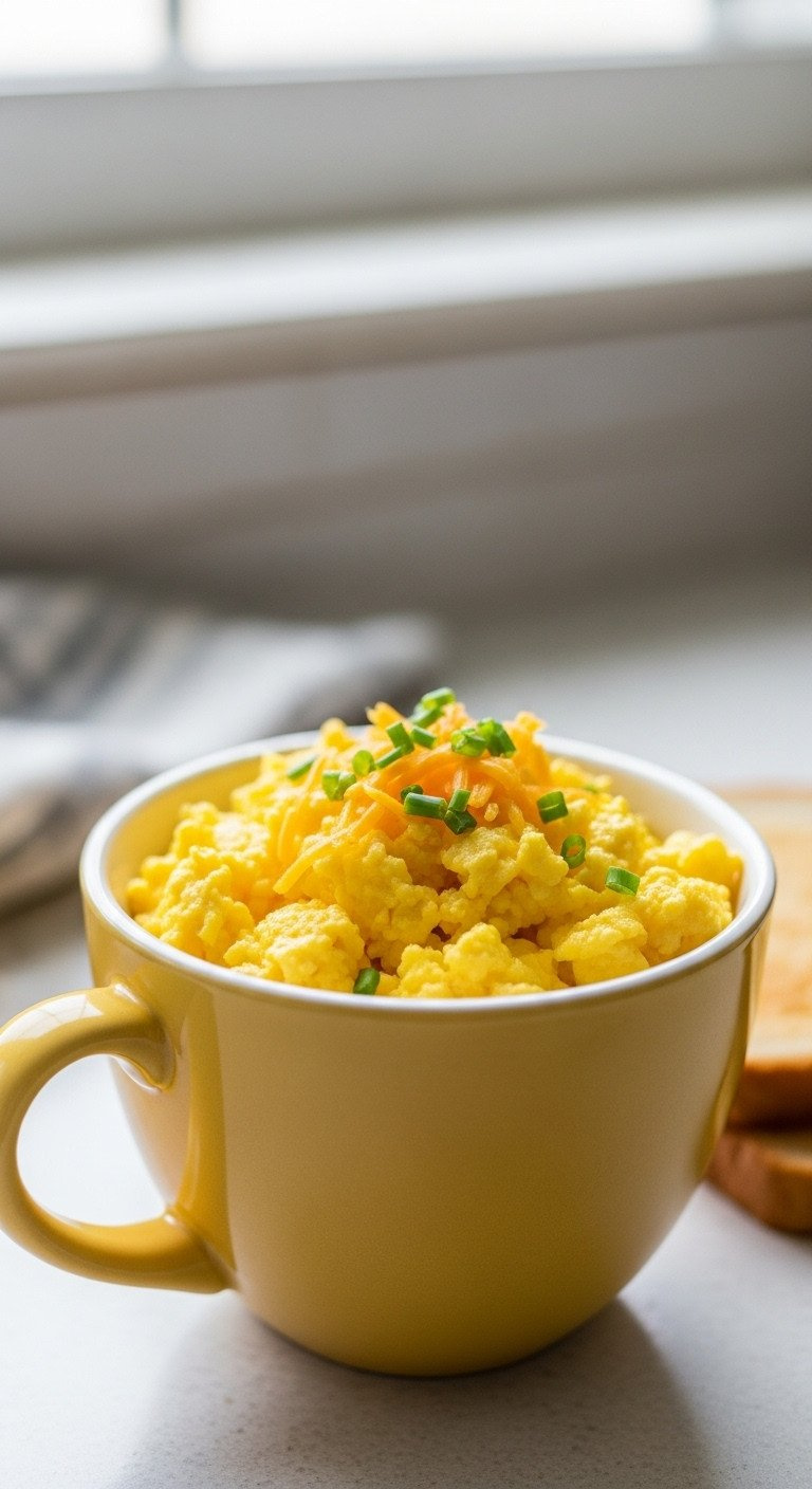 Quick And Easy Microwave Scrambled Eggs With Cheddar Cheese In A Ceramic Mug, A Perfect Single-Serving Breakfast Recipe.