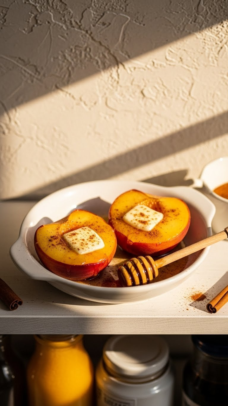 Quick Baked Peach Halves With Melted Butter, Golden Honey, And Cinnamon, Showing Tender, Caramelized Edges In A Dish With Honey Dipper.