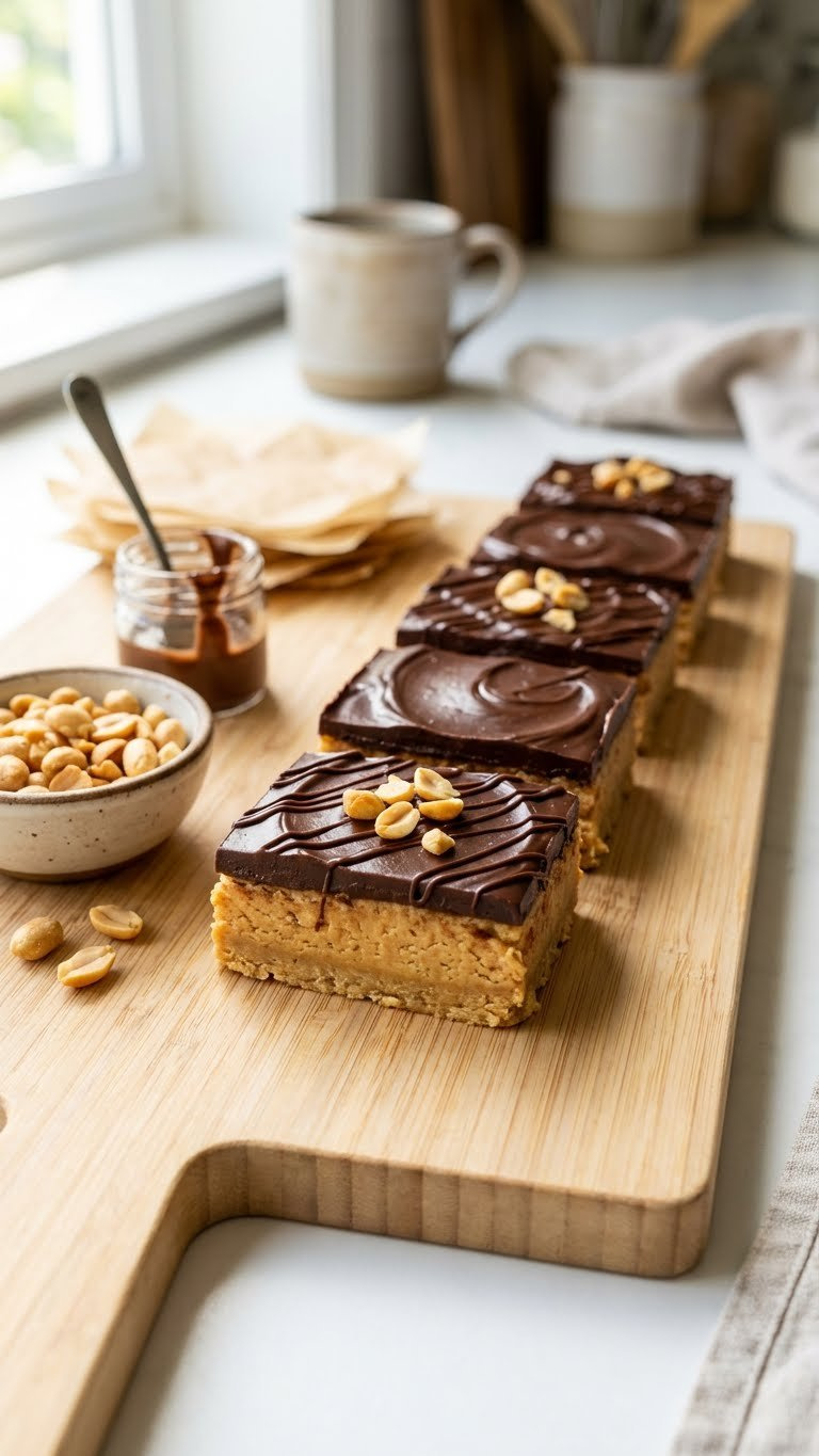 Quick Chocolate Peanut Butter Bars With Distinct Layers, Glossy Ganache, Peanuts, And A Chocolate Drizzle On A Wooden Board.