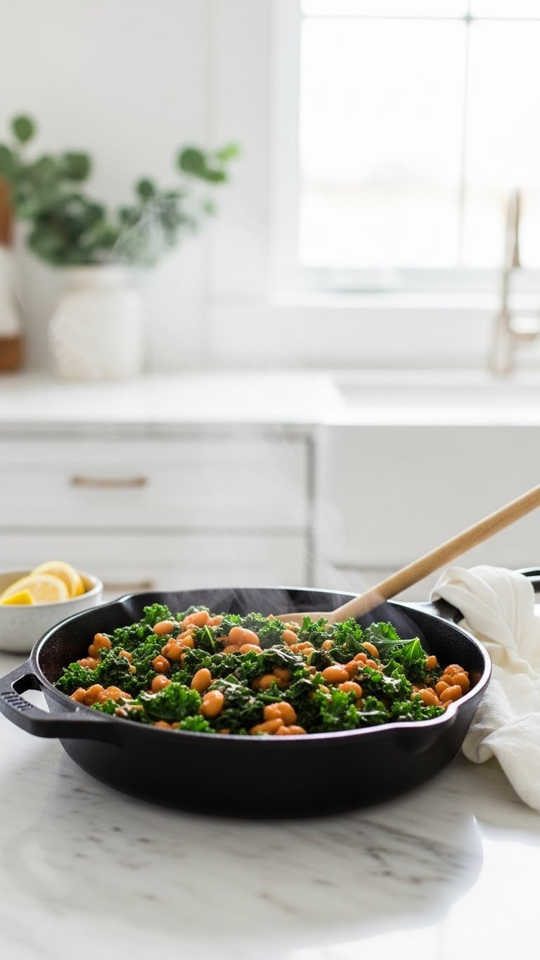 Quick Green Baked Bean And Kale Skillet In Cast Iron Pan With Creamy Beans And Dark Wilted Greens
