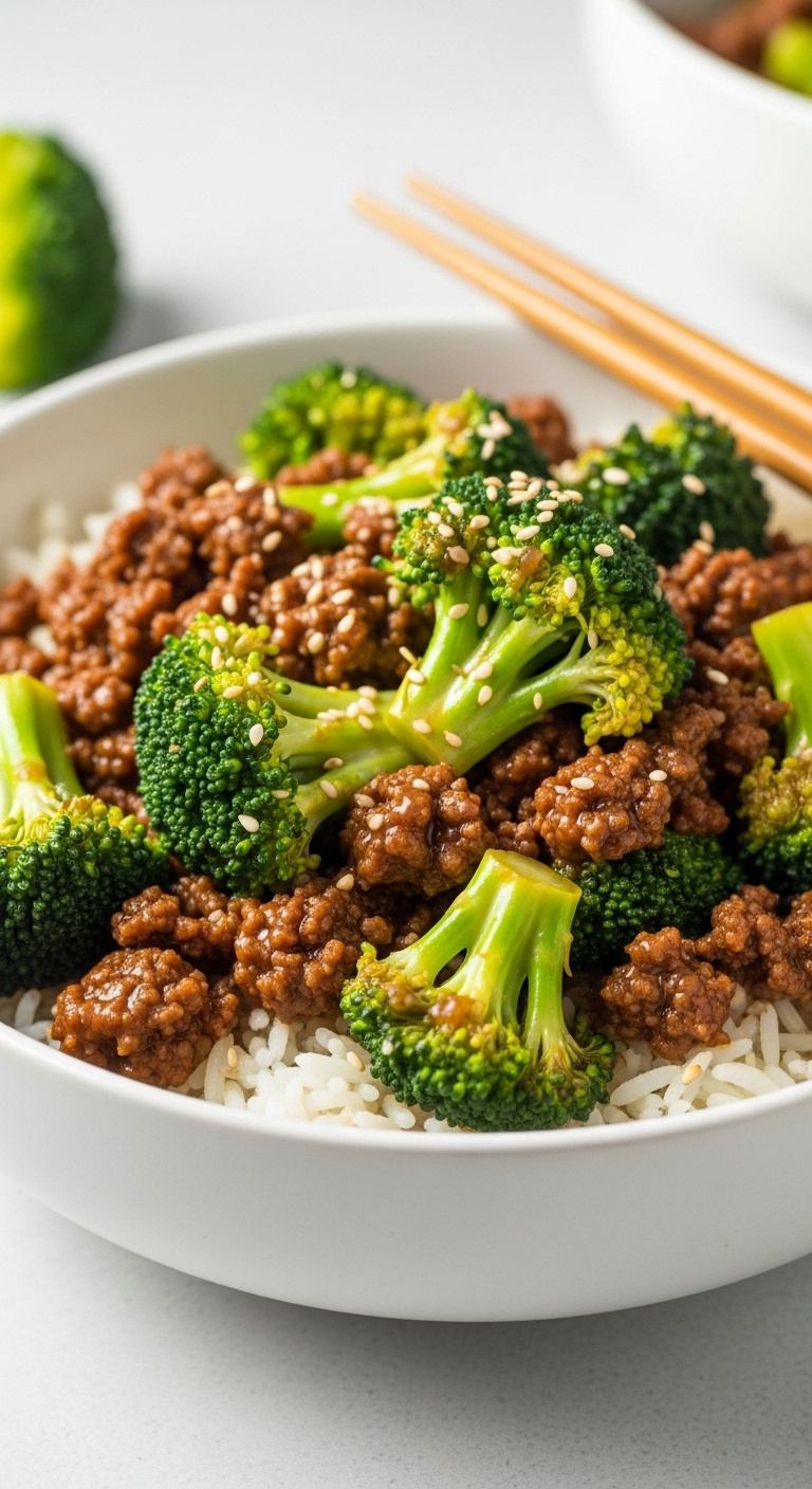 Quick Ground Beef And Broccoli Stir Fry Over Rice In White Bowl With Sesame Seeds And Chopsticks High-End Magazine Cover Style