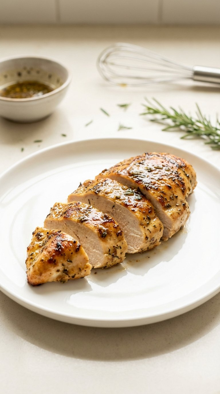 Quick Marinated Baked Chicken Breast Sliced To Show Moist Interior On Simple White Plate With Fresh Herbs