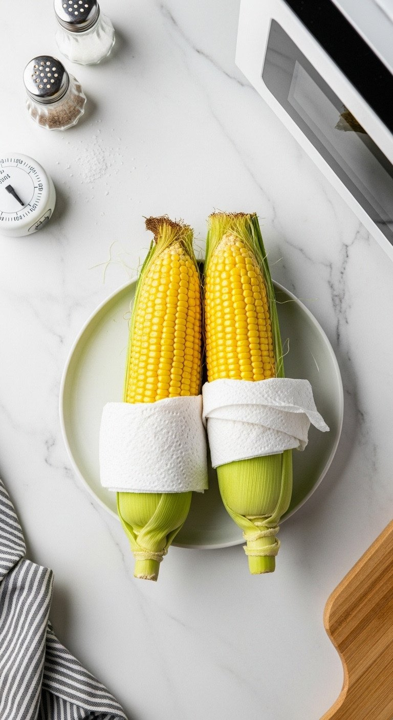 Quick Microwave Corn On The Cob: Two Shucked Ears In Damp Paper Towel On Plate, White Marble Countertop, Timer, Salt.