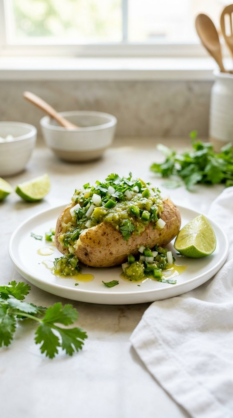 Quick Salsa Verde Baked Potato With Tomatillos, Cilantro And Jalapeños With Fresh Lime Wedge