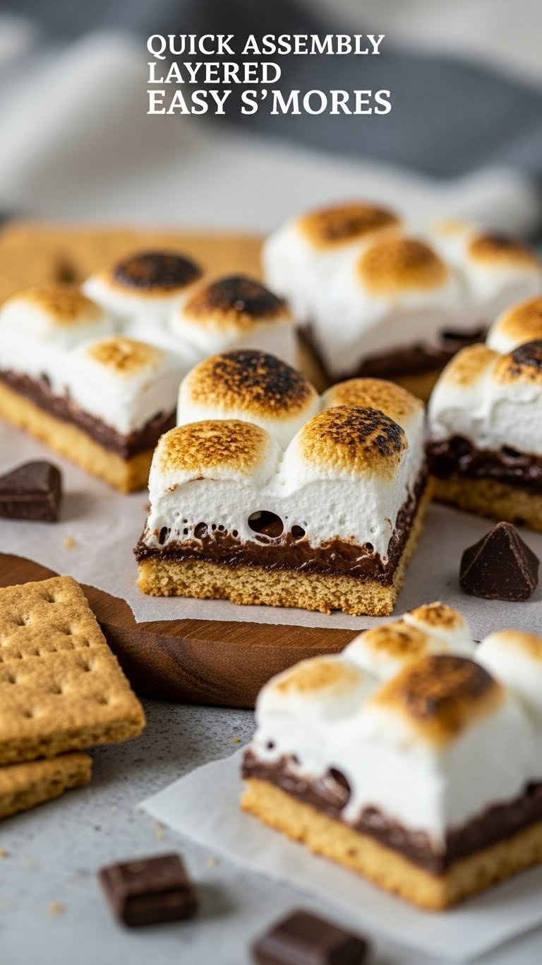 Quick S'mores Bars With Gooey Toasted Marshmallow, Chocolate Layer, Graham Cracker Base. Easy No-Bake Dessert.