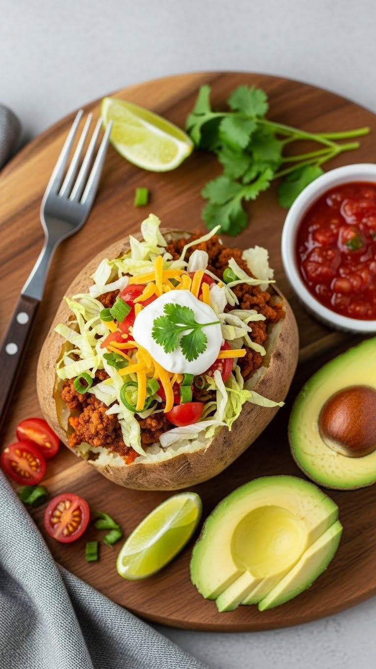 Quick Taco Meat Loaded Baked Potato With Lettuce, Tomatoes, And Cilantro On Wooden Serving Board