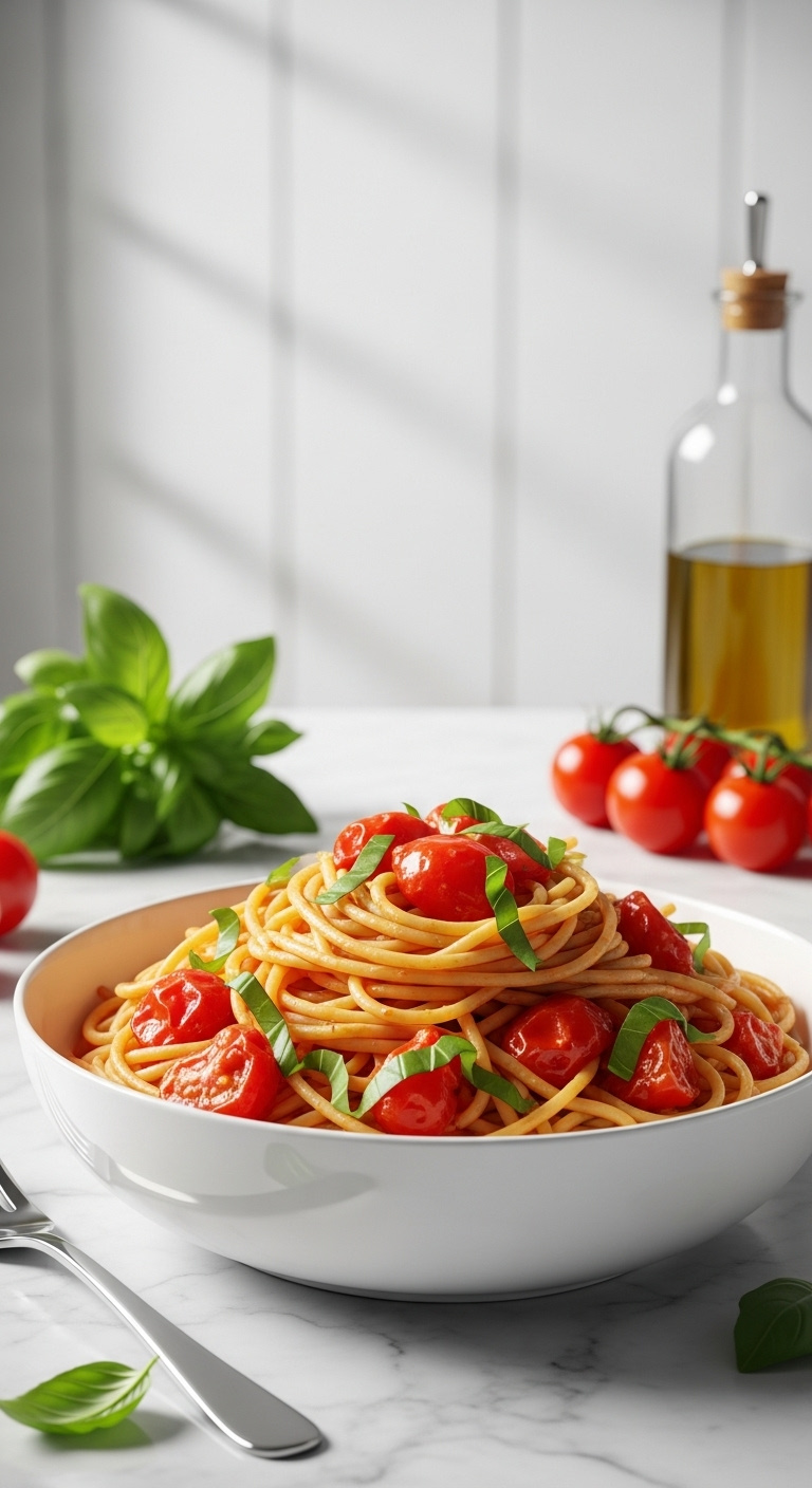 Quick Tomato Basil Pasta In A White Bowl On Marble With Fresh Basil Cherry Tomatoes And Olive Oil