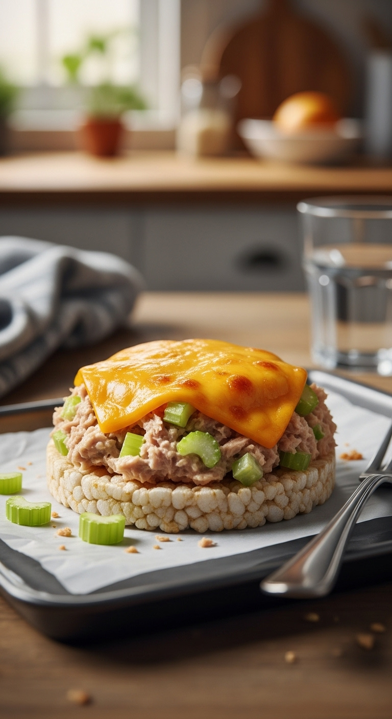 Quick Tuna Salad Melt Rice Cake With Melted Cheddar Cheese On Parchment Paper And A Baking Sheet With A Fork And Glass Of Water