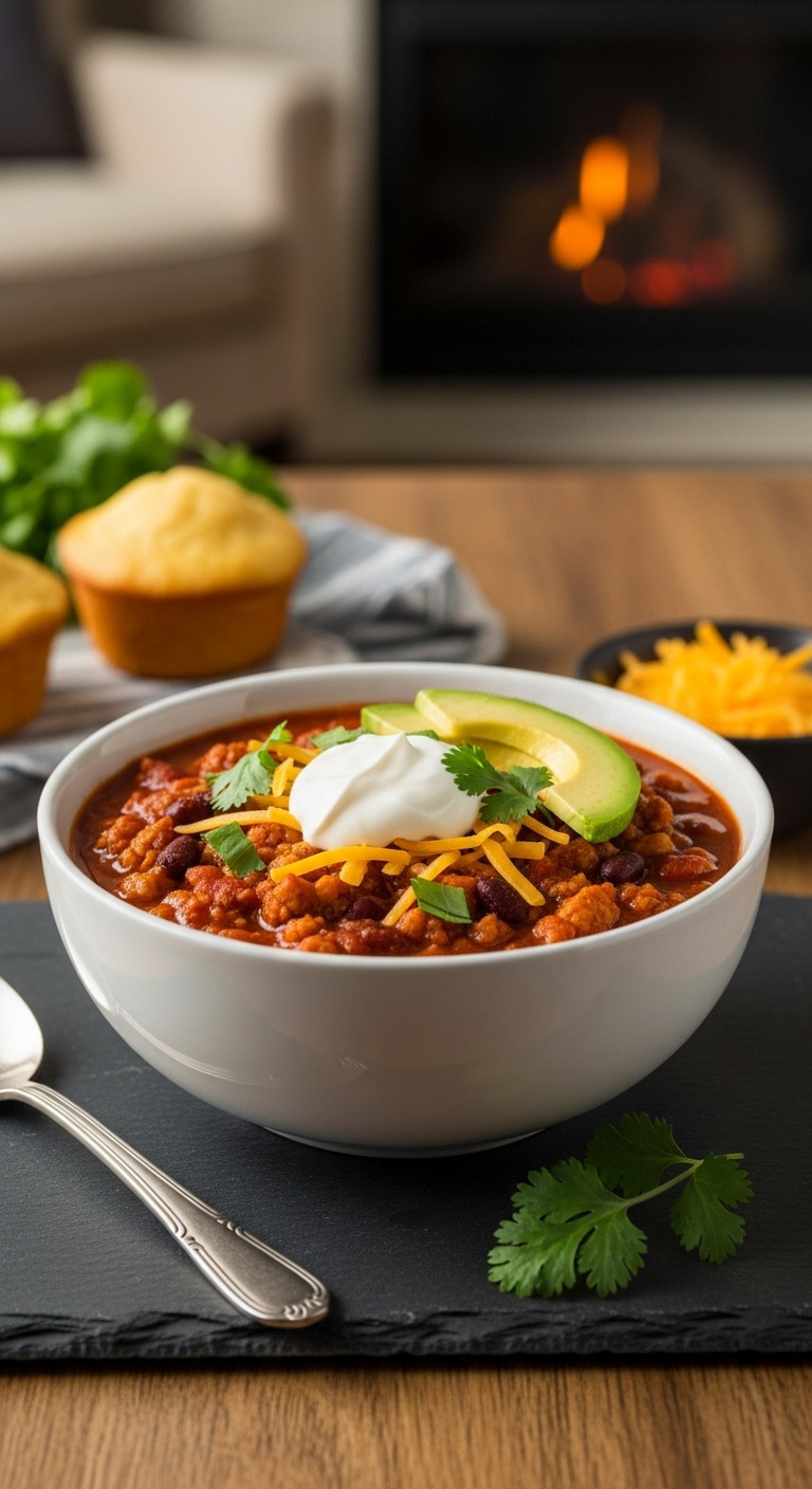 Quick Turkey Chili With Sour Cream Cheddar Cilantro And Avocado In A Hearty Bowl On A Slate Placemat