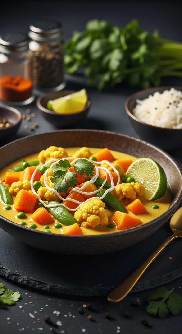 Quick Versatile Coconut Curry With Butternut Squash Cauliflower Peas Cilantro And Lime Wedge With Rice And Spices
